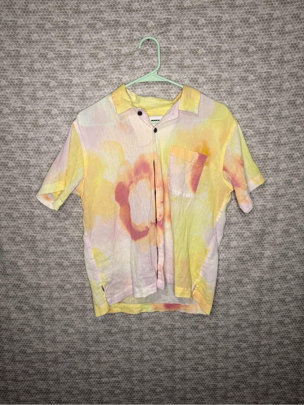 Obey yellow and pink tie-dye button-up shirt in size S